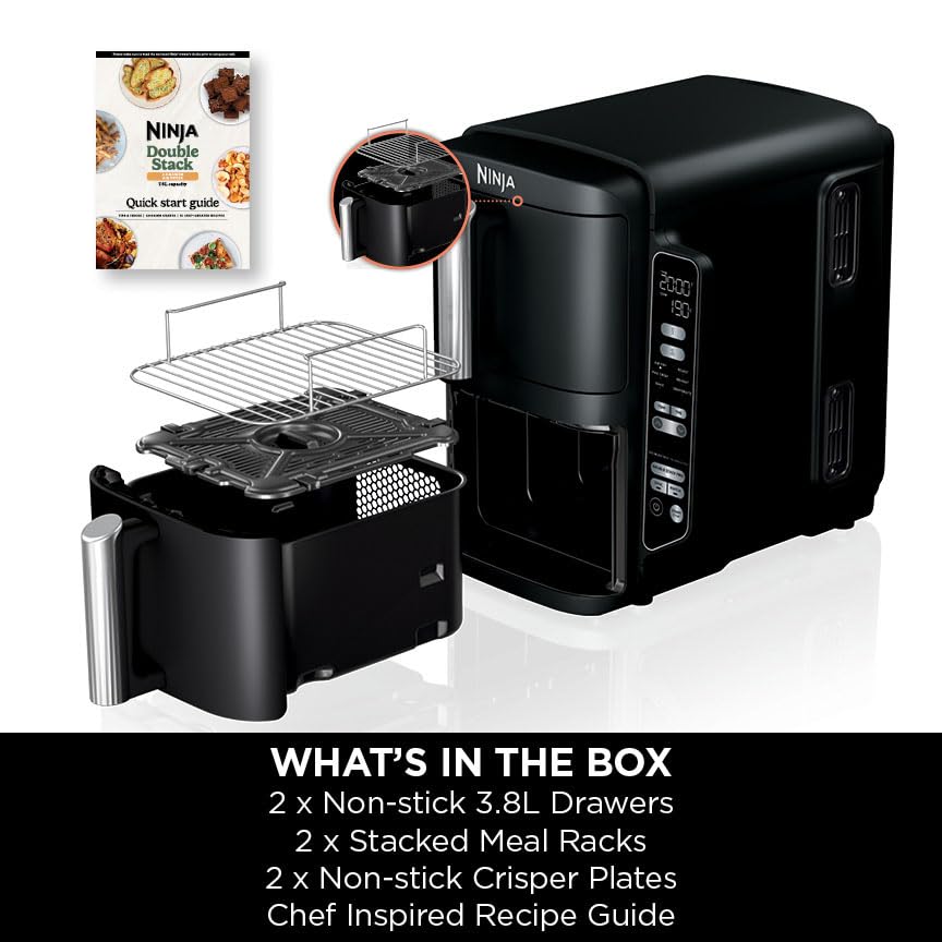 Ninja Double Stack Air Fryer, Vertical Dual Drawer Air Fryer with 4 cooking levels, 2 Drawers and 2 Racks, Space Saving Design, 7.6L Capacity, 6 Cooking Functions, 6 Portions, Black SL300UK