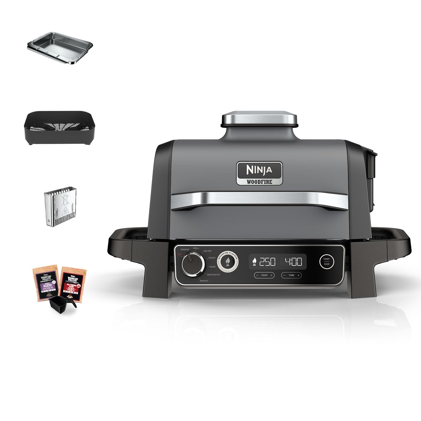 Ninja Woodfire Electric BBQ Grill and Smoker, 7-in-1 Outdoor Grill and Air Fryer, Roast, Bake, Dehydrate, Uses Woodfire Pellets, Weather Resistant, Non-Stick, Portable, Electric, Grey/Black, OG701UK