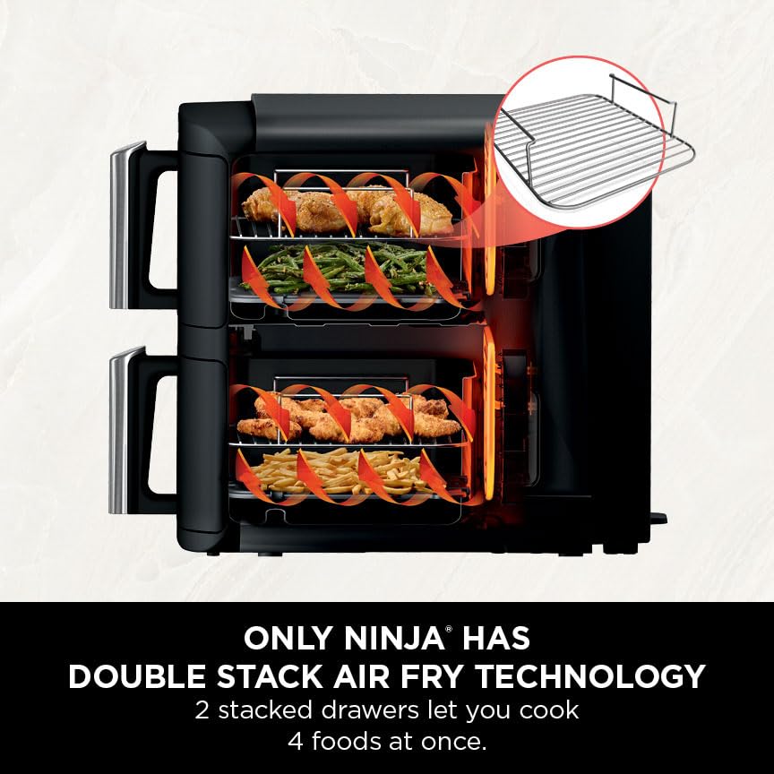 Ninja Double Stack Air Fryer, Vertical Dual Drawer Air Fryer with 4 cooking levels, 2 Drawers and 2 Racks, Space Saving Design, 7.6L Capacity, 6 Cooking Functions, 6 Portions, Black SL300UK