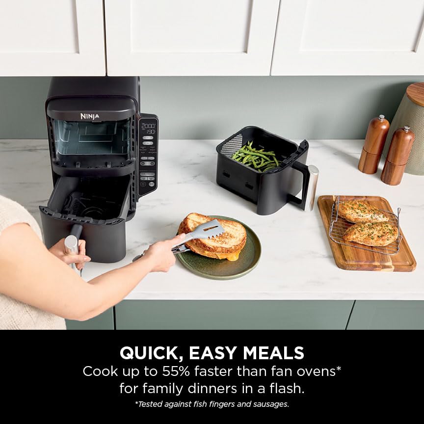Ninja Double Stack Air Fryer, Vertical Dual Drawer Air Fryer with 4 cooking levels, 2 Drawers and 2 Racks, Space Saving Design, 7.6L Capacity, 6 Cooking Functions, 6 Portions, Black SL300UK