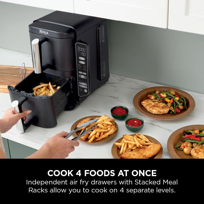 Ninja Double Stack Air Fryer, Vertical Dual Drawer Air Fryer with 4 cooking levels, 2 Drawers and 2 Racks, Space Saving Design, 7.6L Capacity, 6 Cooking Functions, 6 Portions, Black SL300UK