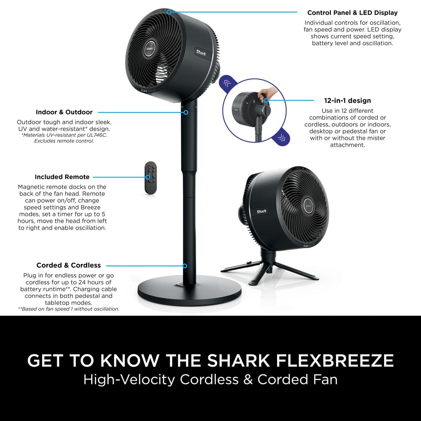 Shark FlexBreeze High-Velocity 12 in 1 Fan, Hybrid Corded & Cordless Portable Cooling Fan, Indoor & Outdoor, with Remote Control, Adjustable Tilt, UV & Water-Resistant, Powerful & Quiet, Black FA220UK