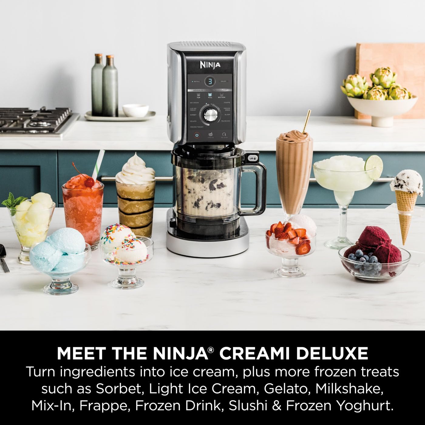 Ninja CREAMi Deluxe Ice Cream Maker & Frozen Dessert Maker with 3 Tubs, 10 Functions, Makes Ice Cream, Gelato, Sorbet, Frozen Yoghurt, Milkshakes, Slushi & More, 2-in-1 Flavour Option, Silver, NC501UK