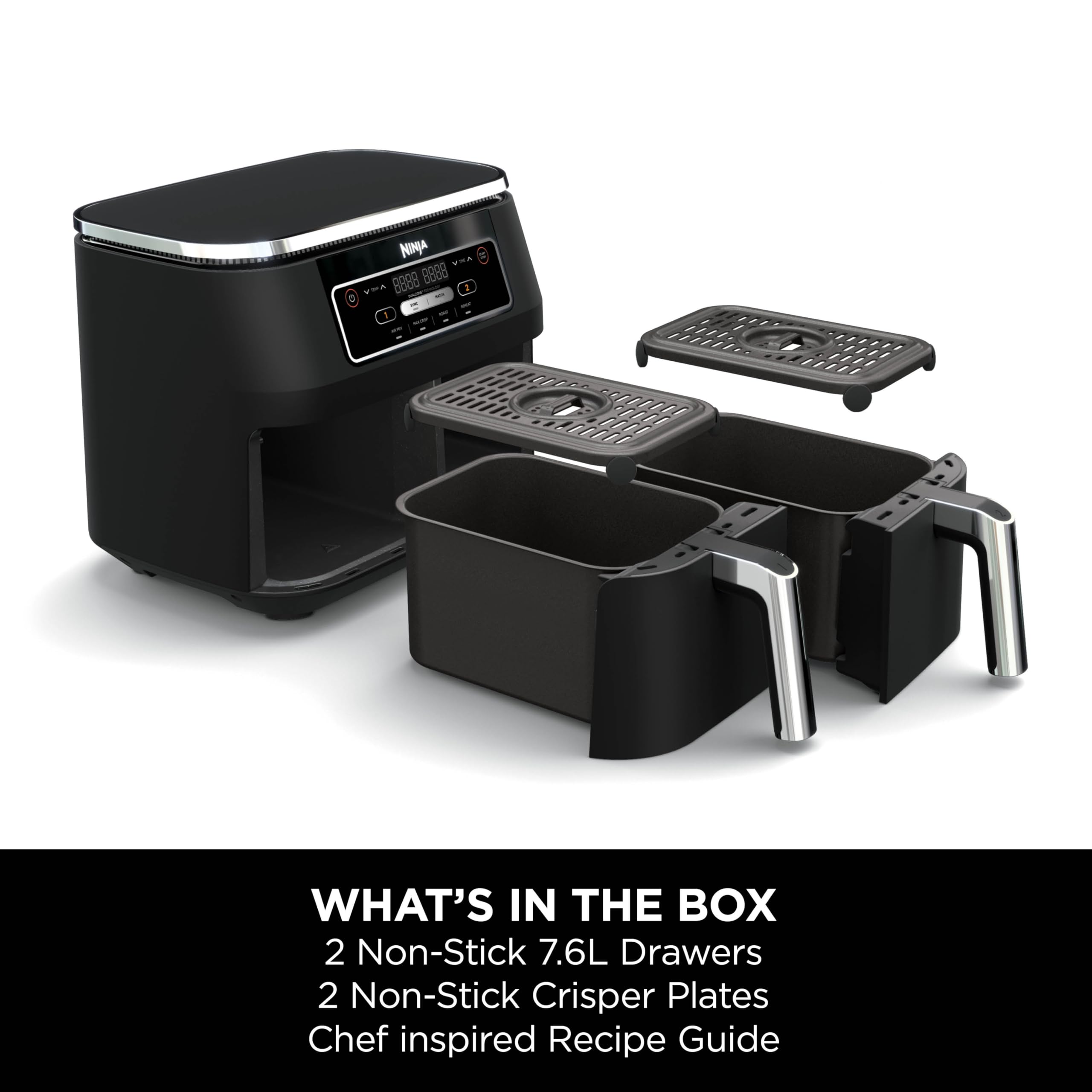 Ninja Foodi Dual Zone Digital Air Fryer, 2 Drawers, 7.6L, 4-in-1, Uses No Oil, Air Fry, Max Crisp, Roast, Reheat, Non-Stick, Dishwasher Safe Baskets and Crisper Plates, Black AF200UK
