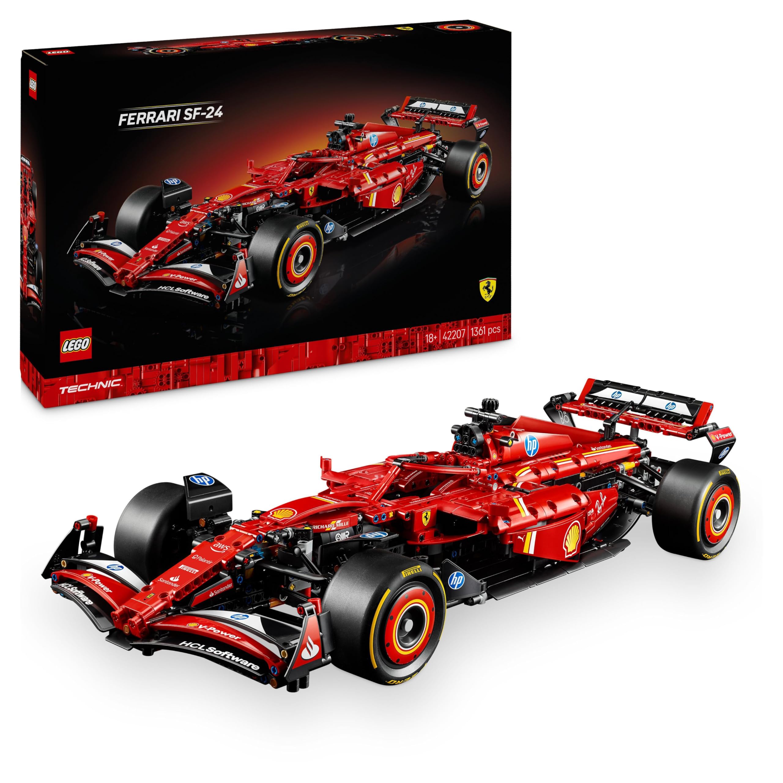 LEGO Technic Ferrari SF-24 F1 Car Model - Collectible Gift for Father's Day - Formula One Building Set with 1:8 Scale V6 Engine, Gear Box, Steering & DRS - 42207