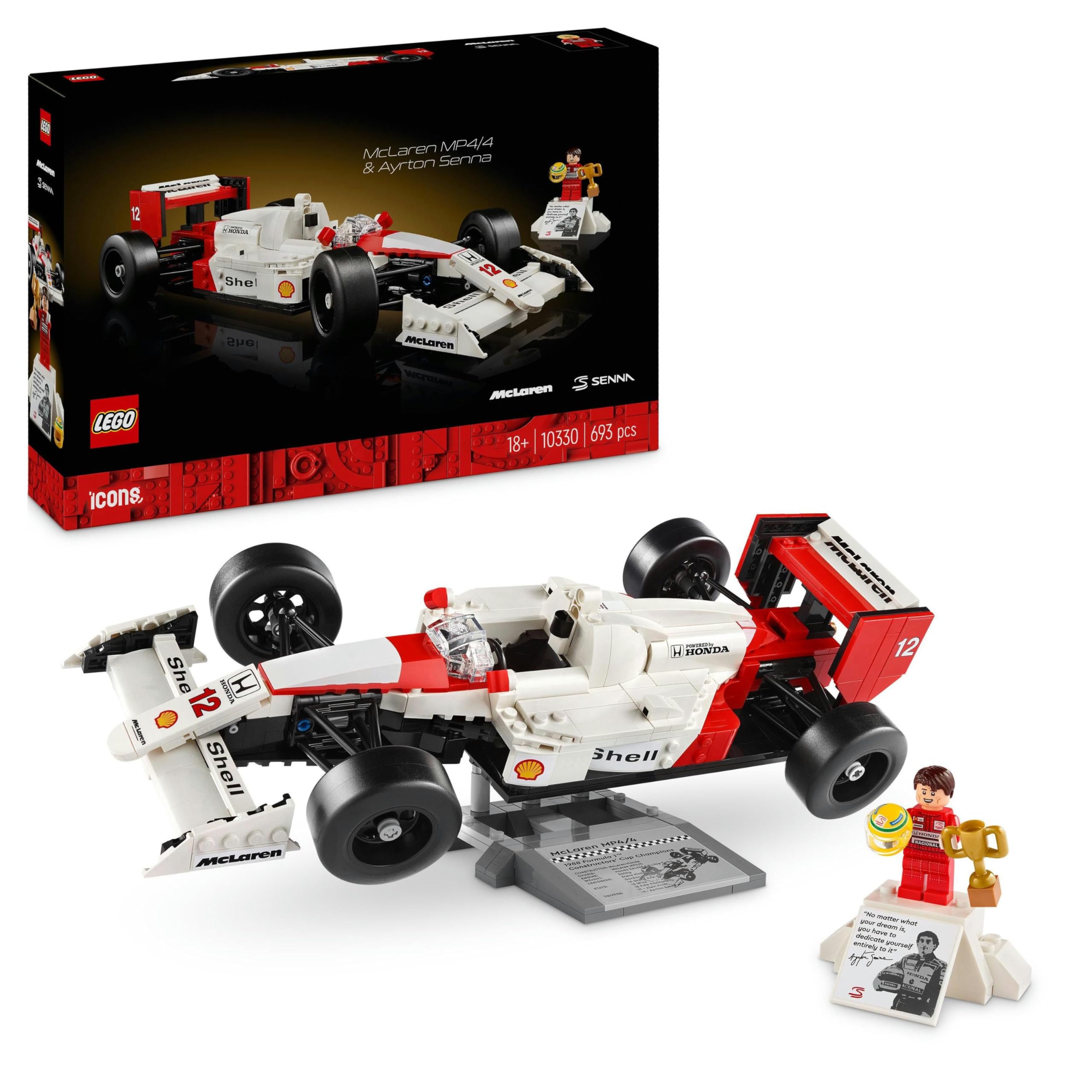 LEGO Icons McLaren MP4/4 & Ayrton Senna F1 Race Car Model kit for Adults - Gift for Father's Day - incl. a Race Driver Minifigure - Home or Office Desk Décor - 10330