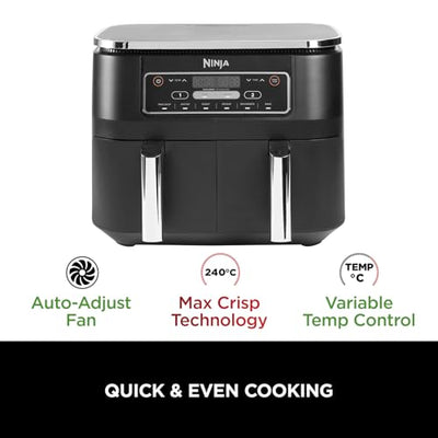 Ninja Foodi Dual Zone Digital Air Fryer, 2 Drawers, 7.6L, 6-in-1, Uses No Oil, Air Fry, Max Crisp, Roast, Bake, Reheat, Dehydrate, Cooks 4-6 Portions, Non-Stick, Dishwasher Safe Baskets, Black AF300UK