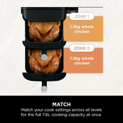 Ninja Double Stack Air Fryer, Vertical Dual Drawer Air Fryer with 4 cooking levels, 2 Drawers and 2 Racks, Space Saving Design, 7.6L Capacity, 6 Cooking Functions, 6 Portions, Black SL300UK
