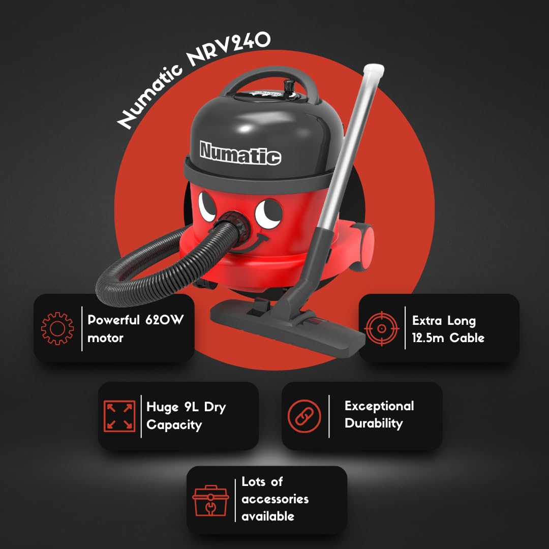 Numatic NRV240-11 Henry Vacuum Cleaner 620W 9L Commercial Dry Red - 3 Years Warranty - 2025 Model -