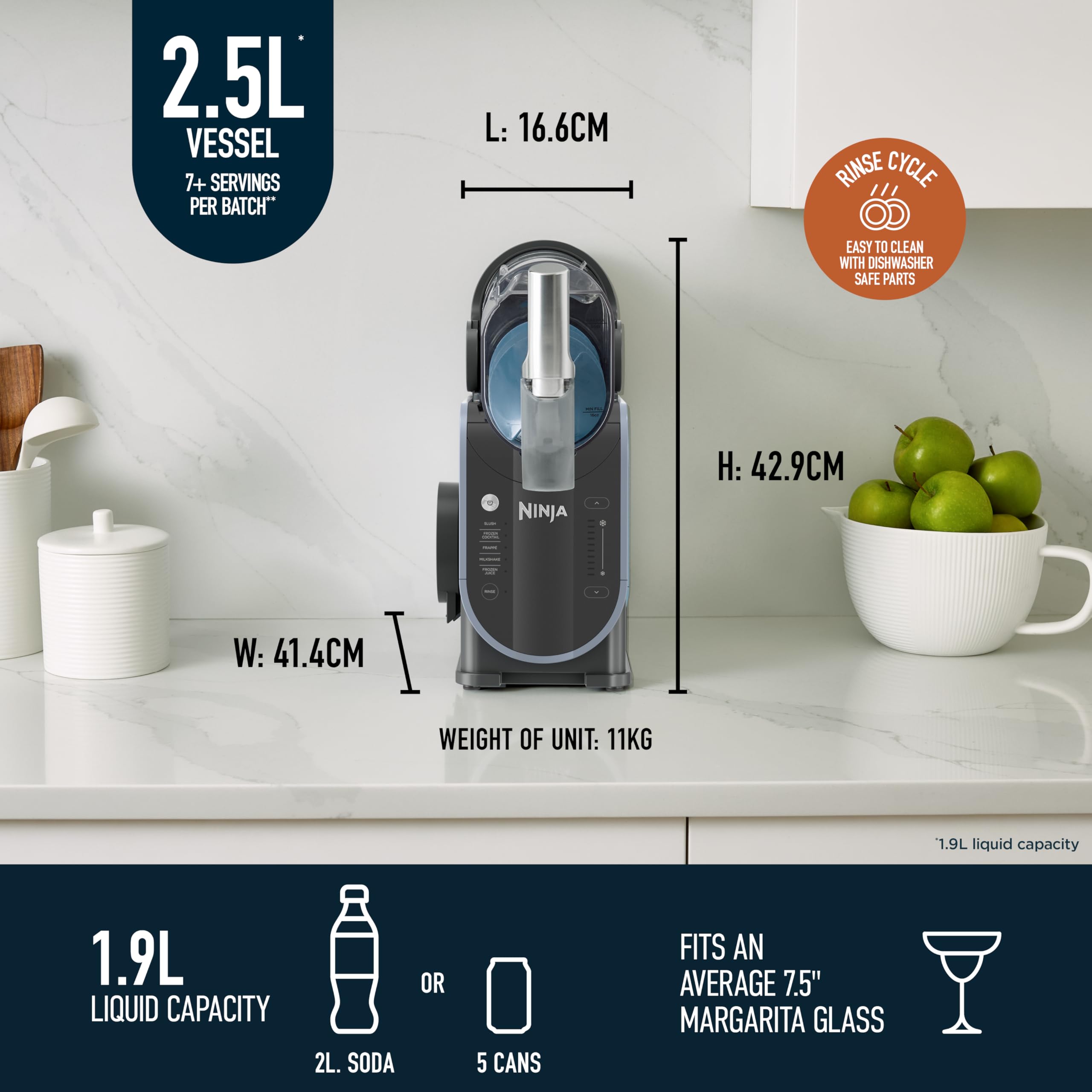 Ninja SLUSHi Frozen Drinks Maker, Create Slush, Frozen Cocktails, Frappe, Milkshakes & Frozen Juice, No Ice or Preperation Needed, WhisperChill Technology, 1.9l Capacity, Blue & Grey FS301UK