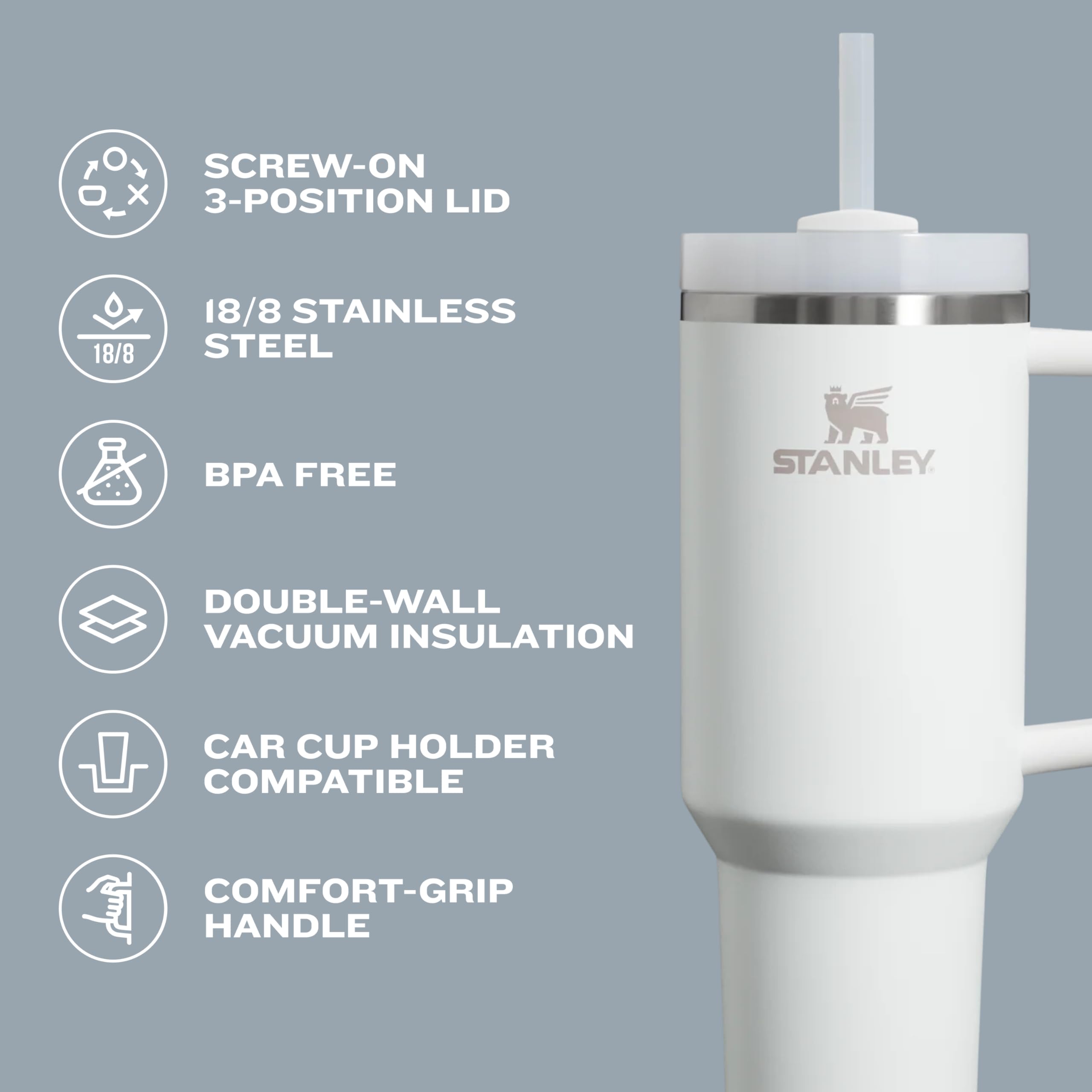 STANLEY Quencher H2.0 Tumbler with Straw 14 oz | Flowstate 3-Position Lid | Cup Holder Compatible for Travel | Insulated Stainless Steel Cup | BPA-Free | Matcha Cream