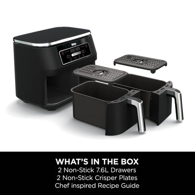 Ninja Foodi Dual Zone Digital Air Fryer, 2 Drawers, 7.6L, 4-in-1, Uses No Oil, Air Fry, Max Crisp, Roast, Reheat, Non-Stick, Dishwasher Safe Baskets and Crisper Plates, Black AF200UK