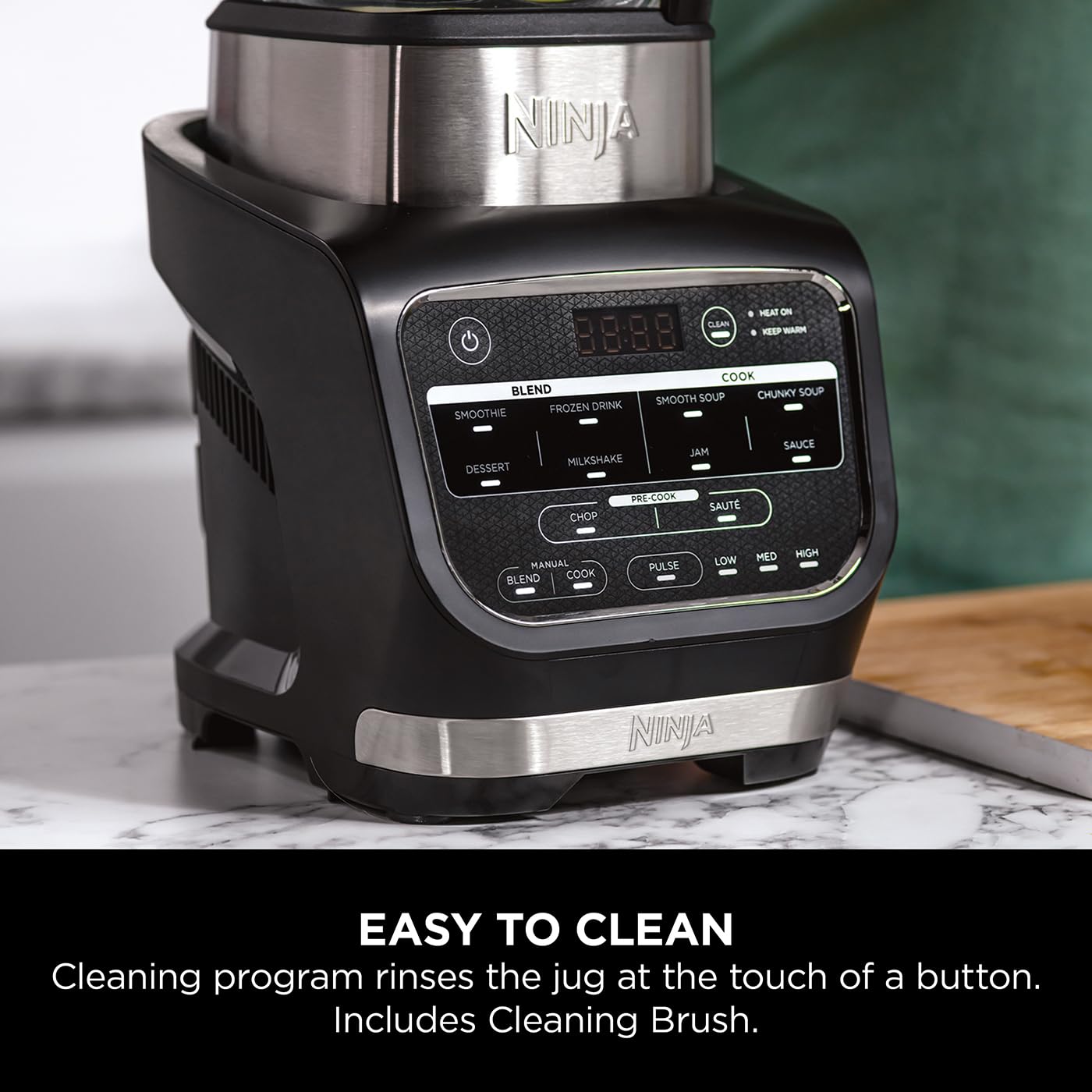 Ninja Foodi Blender & Soup Maker, 10 Auto-iQ Programs, 1.7L Glass Jug, Hot & Cold Blender, Built-In Heating Element, Tamper, Cleaning Program & Brush, 1000W, Black HB150UK