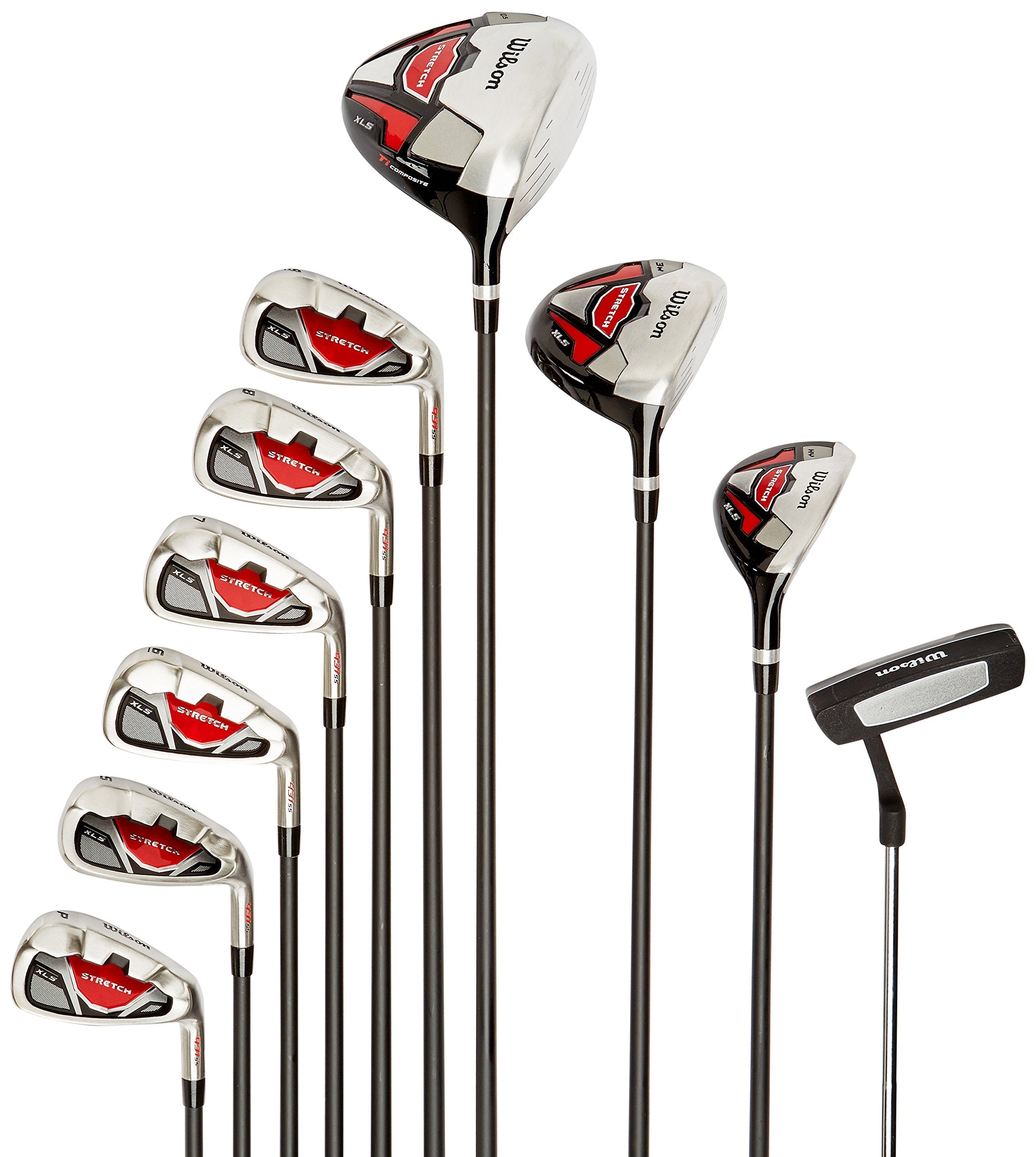 Wilson Amazon Exclusive Beginner Complete Set, 10 golf clubs with stand bag, Men's (right hand), Stretch XL, Black/Grey/Red, WGG157551