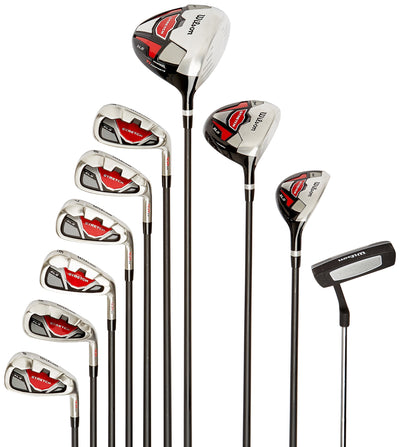 Wilson Amazon Exclusive Beginner Complete Set, 10 golf clubs with stand bag, Men's (right hand), Stretch XL, Black/Grey/Red, WGG157551