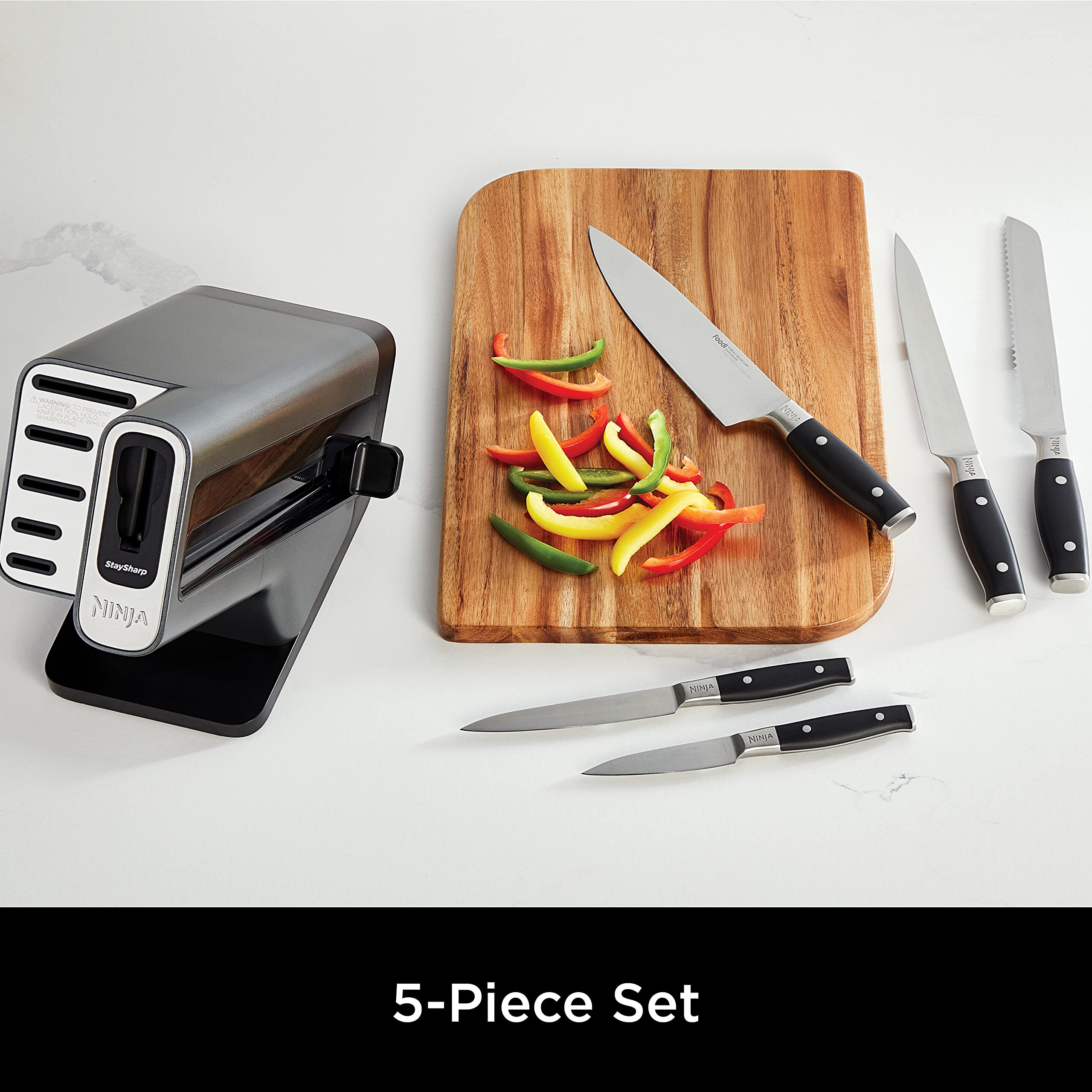 Ninja Foodi StaySharp Knife Block with Integrated Sharpener, 5-Piece Knife Set includes Chef, Bread, Slicing, Utility, Paring Knives, Stainless Steel K32005UK, Black