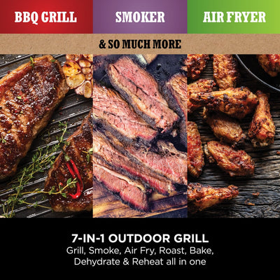 Ninja Woodfire Electric BBQ Grill & Smoker, 7-in-1 Outdoor Grill & Air Fryer, Roast, Bake, Dehydrate, Uses Woodfire Pellets, Weather Resistant, Non-Stick, Portable, Electric, Grey/Black, OG701UK