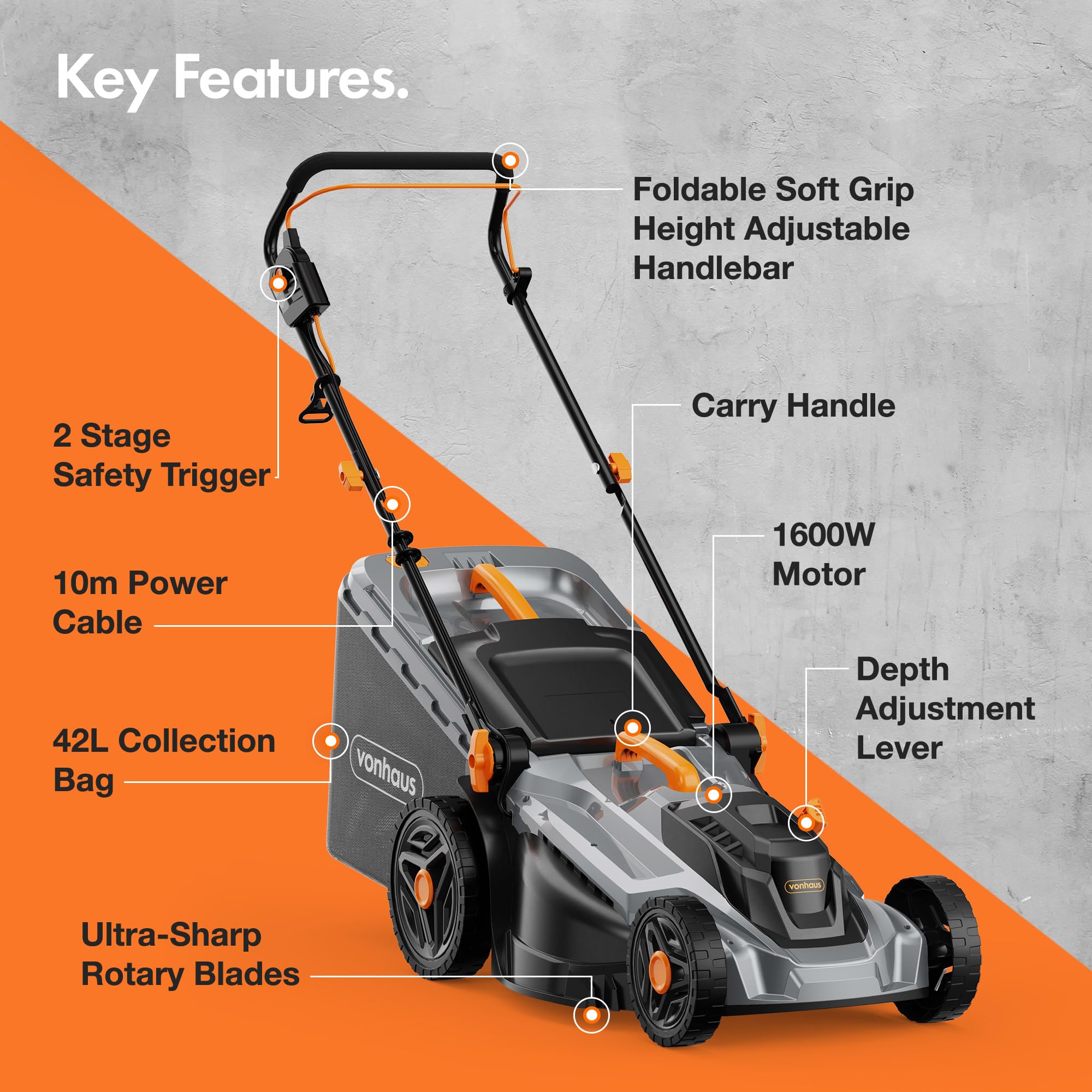 VonHaus Lawnmower 1600W – Electric Corded Lawn Mower for all Types of Grass – 42L Collection Bag, 380mm Working Width, 10m Cable, Foldable Height Adjustable Handlebar, 5 Depth Settings, Carry Handle