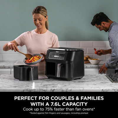 Ninja Foodi Dual Zone Digital Air Fryer, 2 Drawers, 7.6L, 4-in-1, Uses No Oil, Air Fry, Max Crisp, Roast, Reheat, Non-Stick, Dishwasher Safe Baskets and Crisper Plates, Black AF200UK