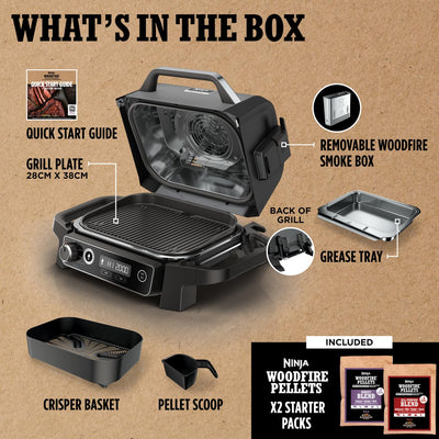Ninja Woodfire Electric BBQ Grill & Smoker, 7-in-1 Outdoor Grill & Air Fryer, Roast, Bake, Dehydrate, Uses Woodfire Pellets, Weather Resistant, Non-Stick, Portable, Electric, Grey/Black, OG701UK